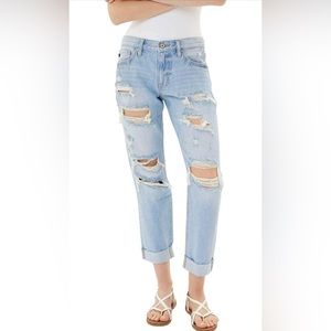 Kancan Women's Mid Rise Distressed Boyfriend Jeans